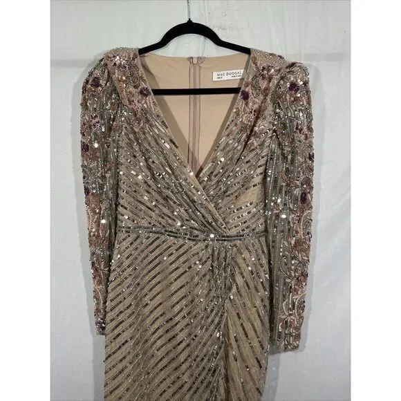 NWT $698 Mac Duggal [ 8 ] 5628 Long Sleeve Embellished Puff Sleeve‎ Gown Nude